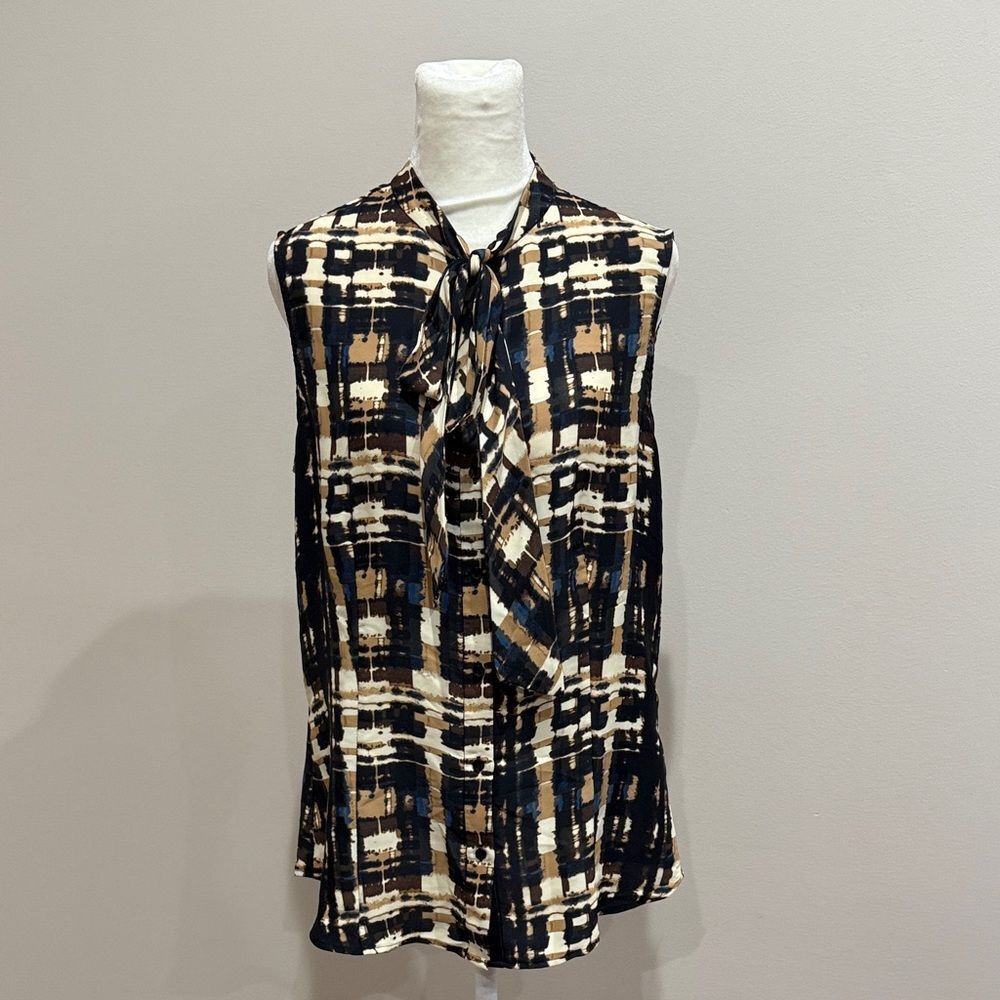 Anne Klein Black and Tan Patterned Sleeveless Blouse Size Medium